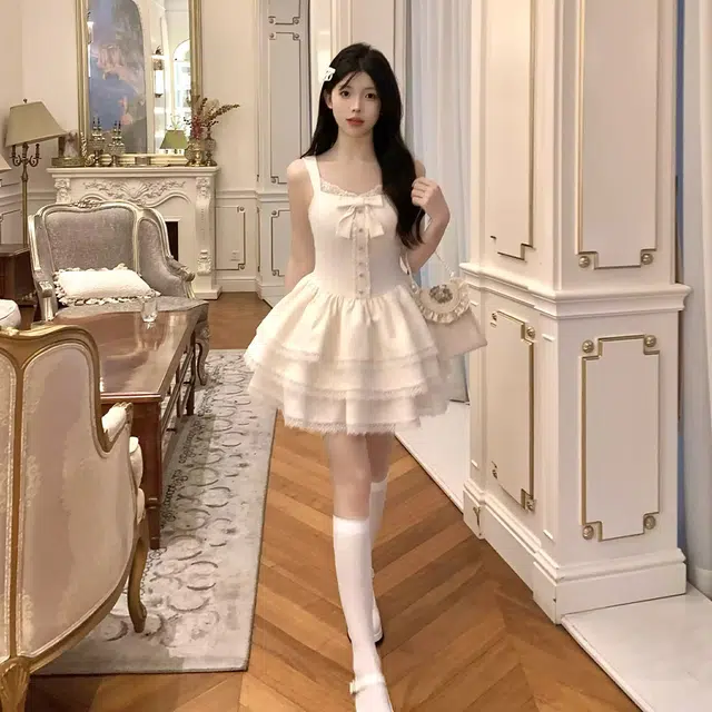 珠蒂美 夏季出游穿搭甜美时尚蓬蓬蛋糕裙法式独特纯色长袖开衫外套两件套蝴蝶结收腰连衣裙白色小个子裙装套装 女款
