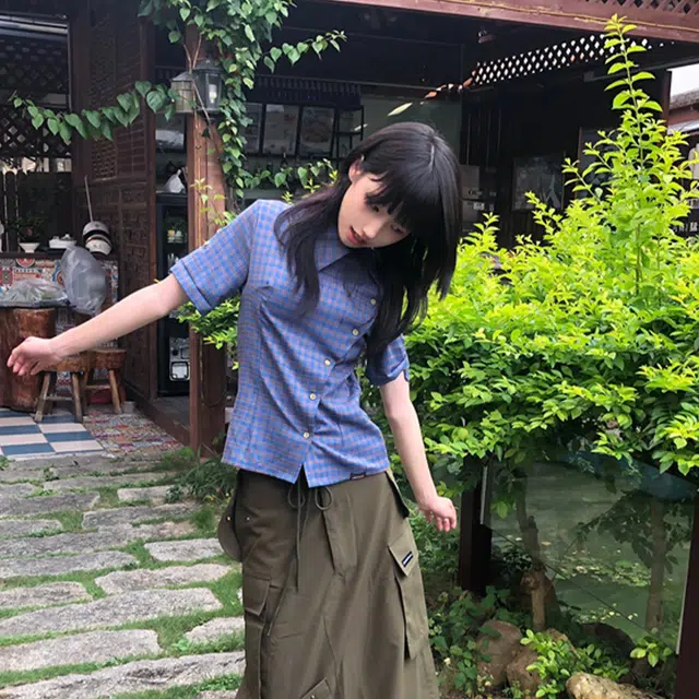 依钗 休闲新中式简约短袖复古格子别致小众设计感衬衫 女款