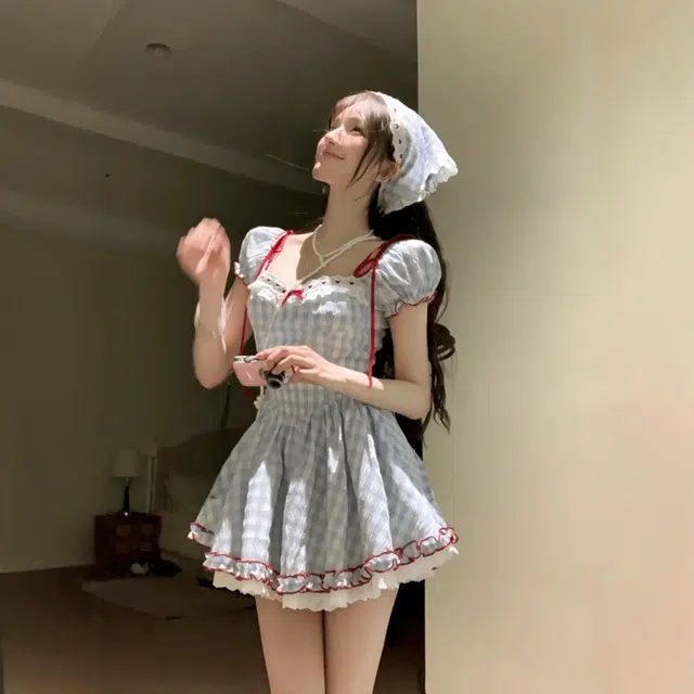 依钗 法式莫奈花园风拼色高腰方领收腰甜美时尚蓬蓬蛋糕裙短袖连衣裙 女款