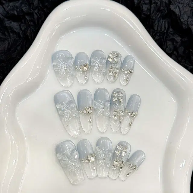 韵月乔 蝶梦蓝海春夏冰透立体蝴蝶猫眼清新美甲纯手工  穿戴甲 椭圆蓝色渐变 纯欲