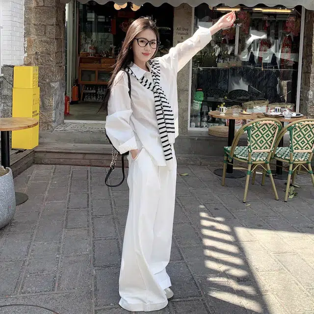 玉儿恋 韩系设计感百搭上衣条纹披肩阔腿裤高级感穿搭三件套休闲套装 女款