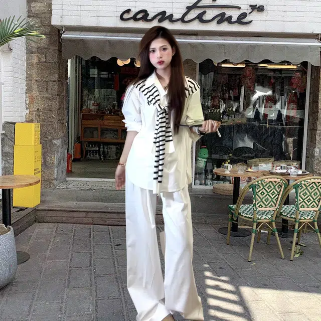 玉儿恋 韩系设计感百搭上衣条纹披肩阔腿裤高级感穿搭三件套休闲套装 女款