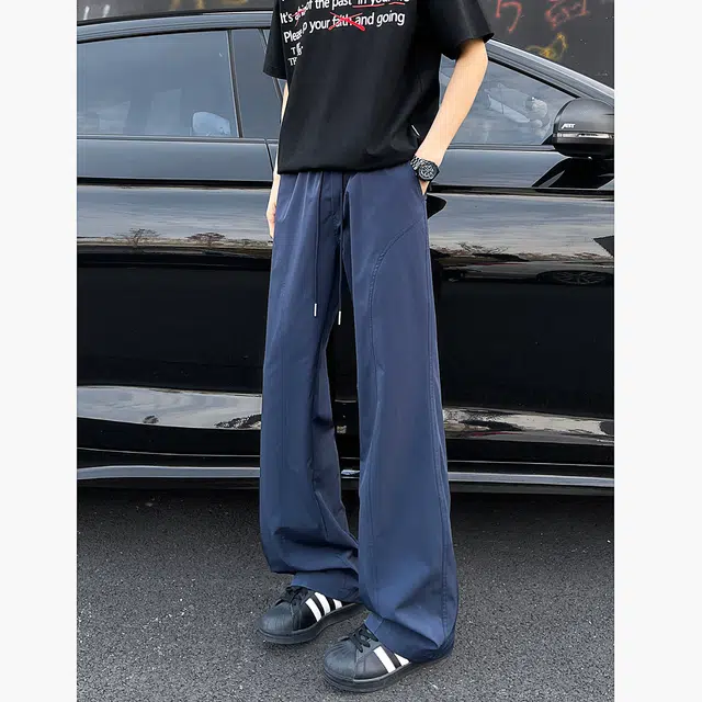 寻星记 复古纯色透气柔软百搭宽松阔腿美式基础冰丝轻薄中性弯刀休闲裤 男女同款
