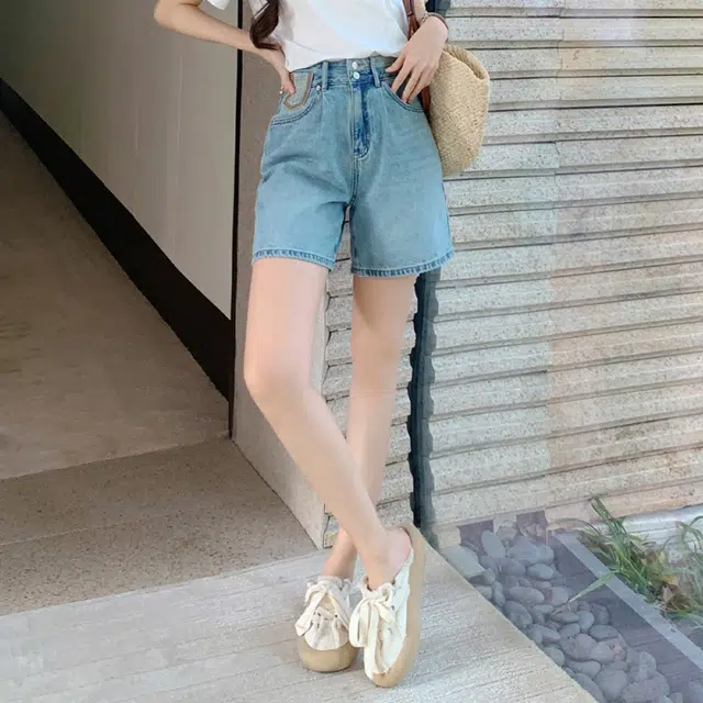 美洋 格兰岛牛仔短裤夏日清爽活力两粒扣撞色高腰直筒裤 女款 牛仔蓝