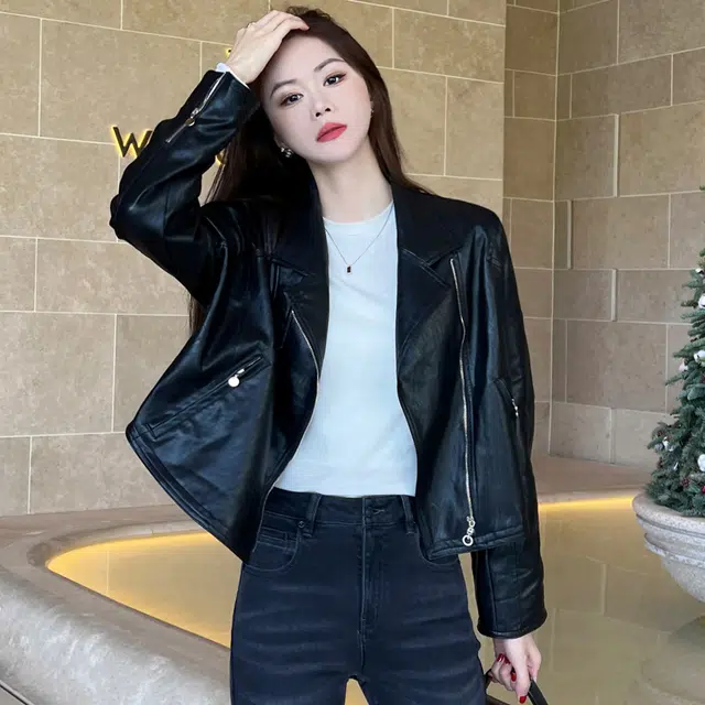 美洋 机车皮衣 摩登街头仿羊皮翻领斜门襟黑色夹克短外套 女款 黑色