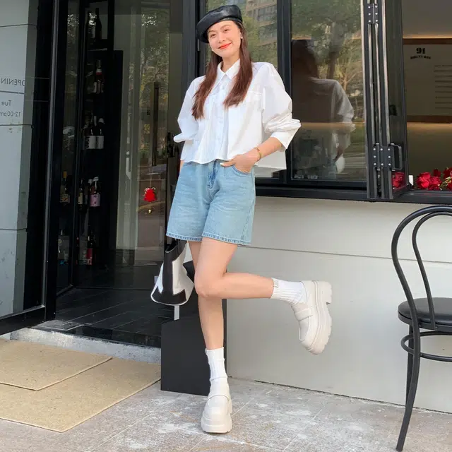 美洋 格兰岛牛仔短裤夏日清爽活力两粒扣撞色高腰直筒裤 女款 牛仔蓝