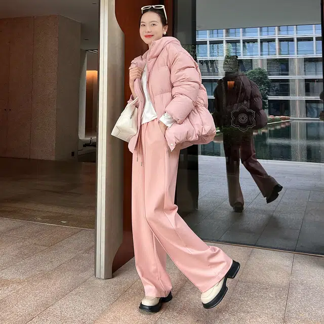 美洋 樱花休闲裤 清丽高腰抽绳垂感直筒阔腿休闲拖地长裤 女款 粉色