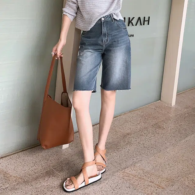 美洋 雅痞流苏边宽松五分裤牛仔短裤 女款 灰蓝色