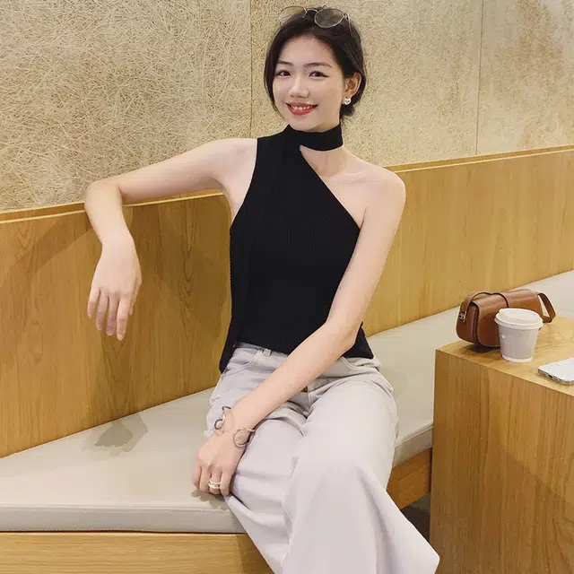 美洋 维纳斯 曲珠纱针织心机辣妹飘带针织衫背心 女款 黑色
