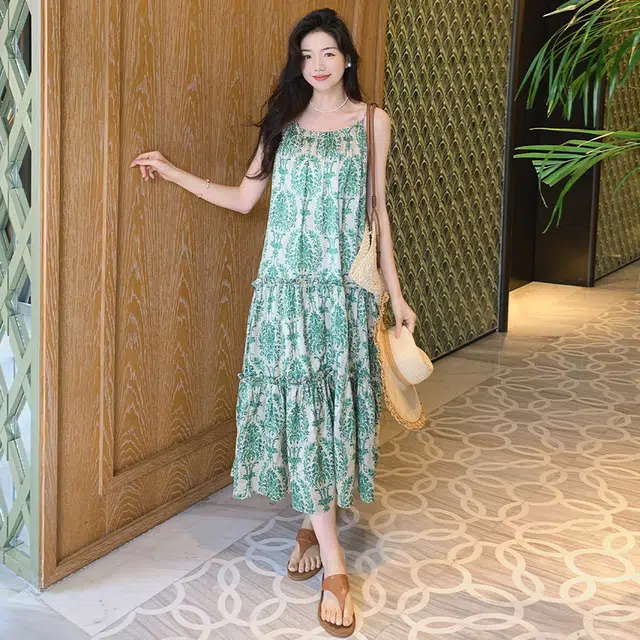 美洋 绿野仙踪连衣裙 仿丝缎印花|海岛度假吊带蛋糕裙吊带连衣裙 女款 黄绿色