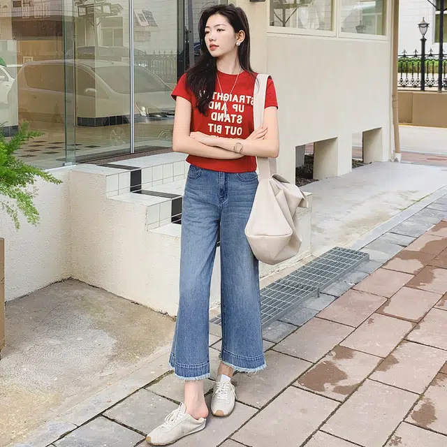 美洋 天菜阔腿裤 怀旧复古水洗休闲高腰宽松八分牛仔裤 女款 蓝色