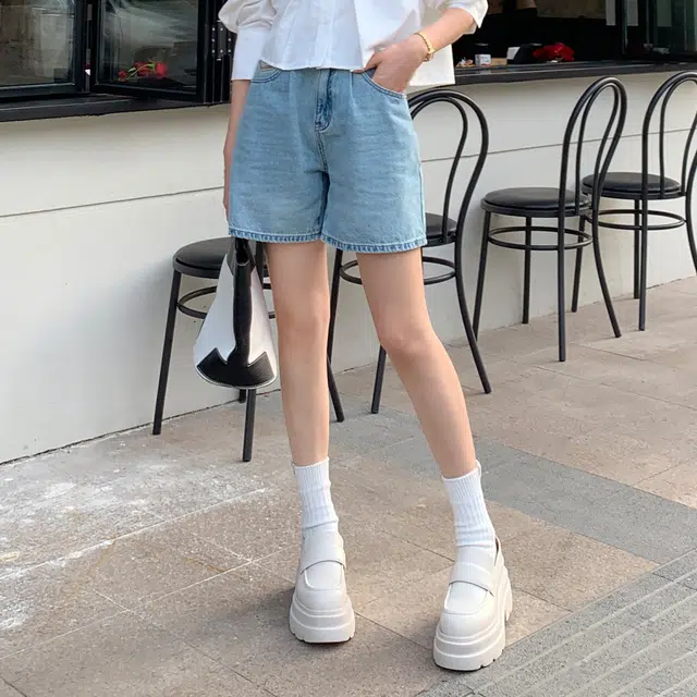 美洋 格兰岛牛仔短裤夏日清爽活力两粒扣撞色高腰直筒裤 女款 牛仔蓝