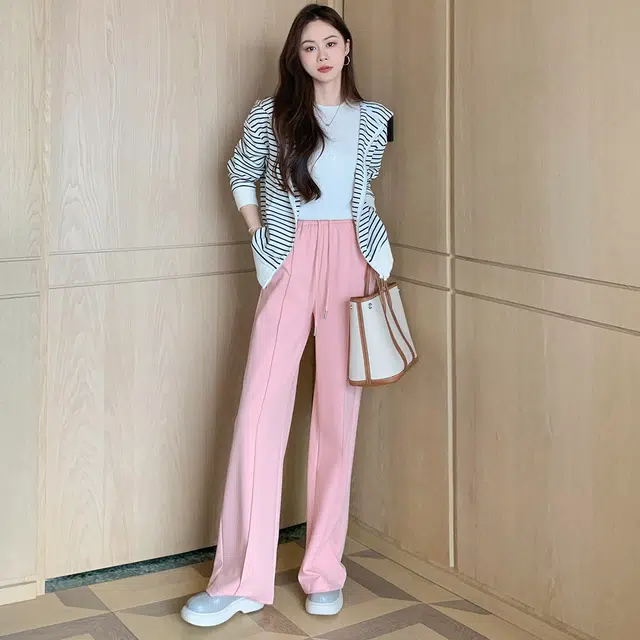 美洋 樱花休闲裤 清丽高腰抽绳垂感直筒阔腿休闲拖地长裤 女款 粉色