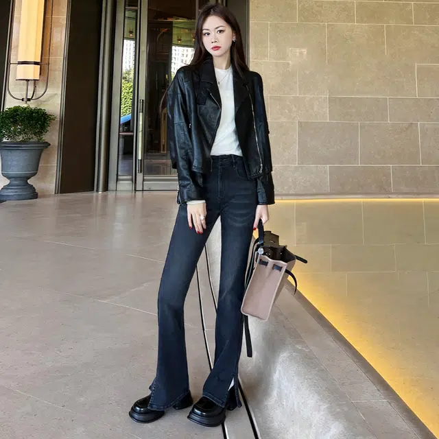 美洋 机车皮衣 摩登街头仿羊皮翻领斜门襟黑色夹克短外套 女款 黑色