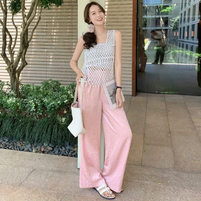 美洋 纯色简约暗纹提花拉链休闲裤 女款