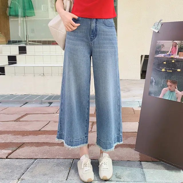 美洋 天菜阔腿裤 怀旧复古水洗休闲高腰宽松八分牛仔裤 女款 蓝色