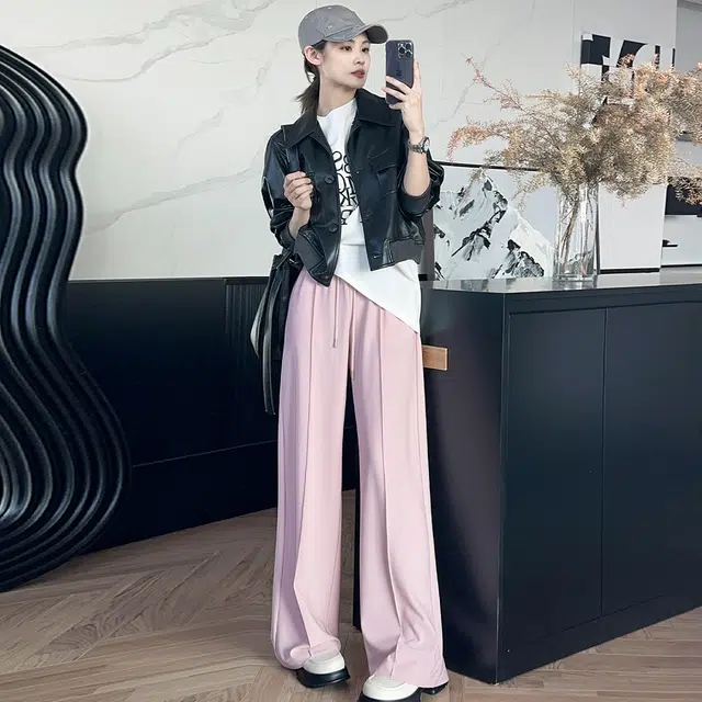 美洋 樱花休闲裤 清丽高腰抽绳垂感直筒阔腿休闲拖地长裤 女款 粉色