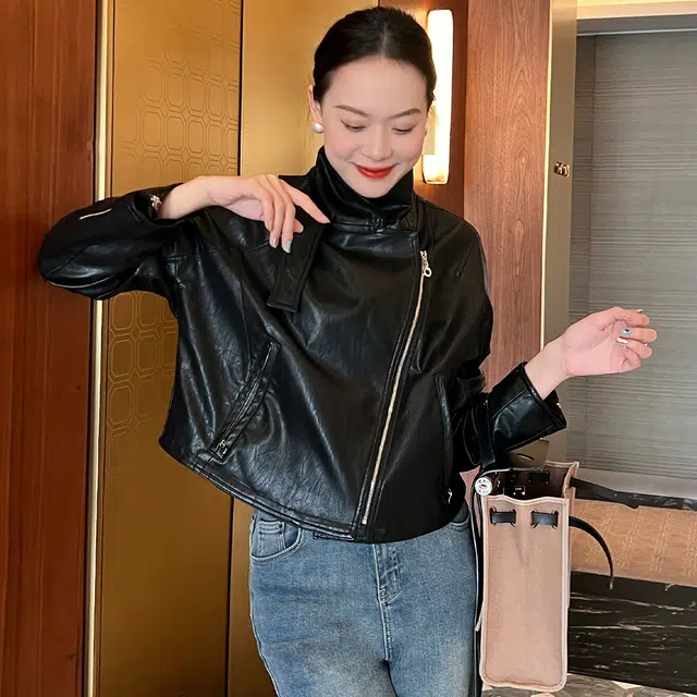 美洋 机车皮衣 摩登街头仿羊皮翻领斜门襟黑色夹克短外套 女款 黑色