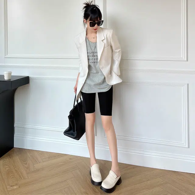 美洋 裸感骑行裤 纯色高腰速干修身直筒短裤吸湿哑光五分裤 女款