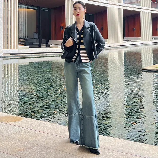 美洋 机车皮衣 摩登街头仿羊皮翻领斜门襟黑色夹克短外套 女款 黑色