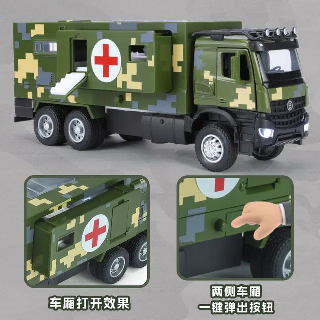 驰誉车玩 军事多功能医疗车 合金车模 亮灯响声 回力行驶 车门可开 仿真汽车 成品模型