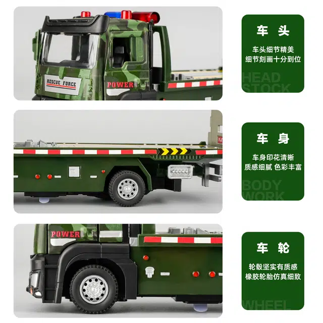 驰誉车玩 军事坦克运输车 合金车头 仿真车模 亮灯响声 回力行驶 车门可开 仿真汽车 收藏摆件 成品模型