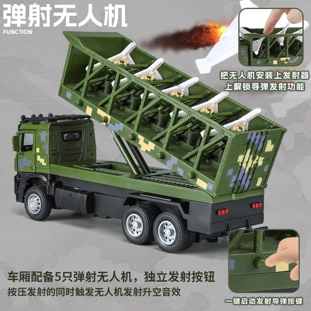 驰誉车玩 无人机发射车 救援车 合金车模 亮灯响声 回力行驶 车门可开 成品模型