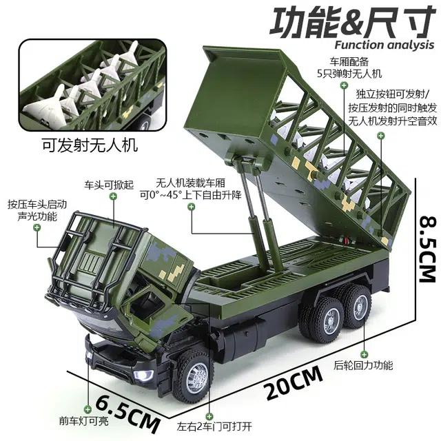 驰誉车玩 无人机发射车 救援车 合金车模 亮灯响声 回力行驶 车门可开 成品模型