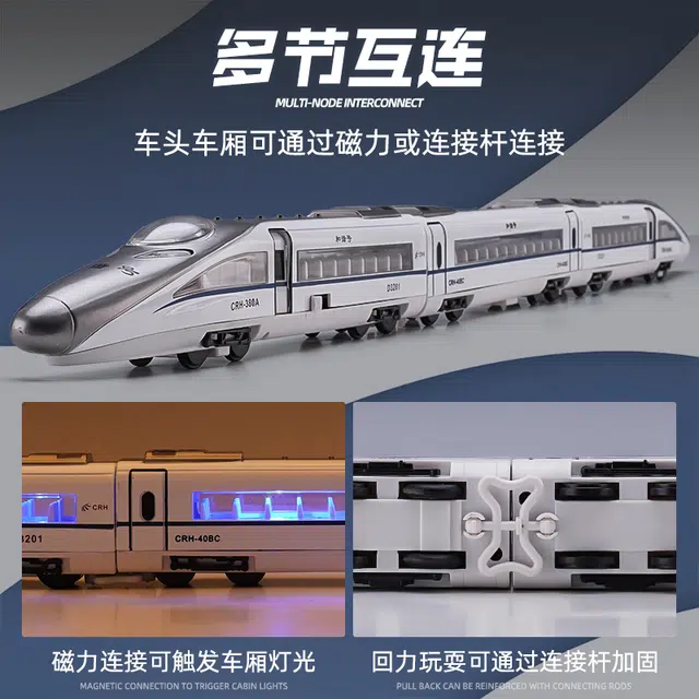 驰誉车玩 和谐号动车 高铁 火车 三节 打开车门和磁力链接可触发声光功能 站台 轨道 天桥 成品模型 合金 回力行驶