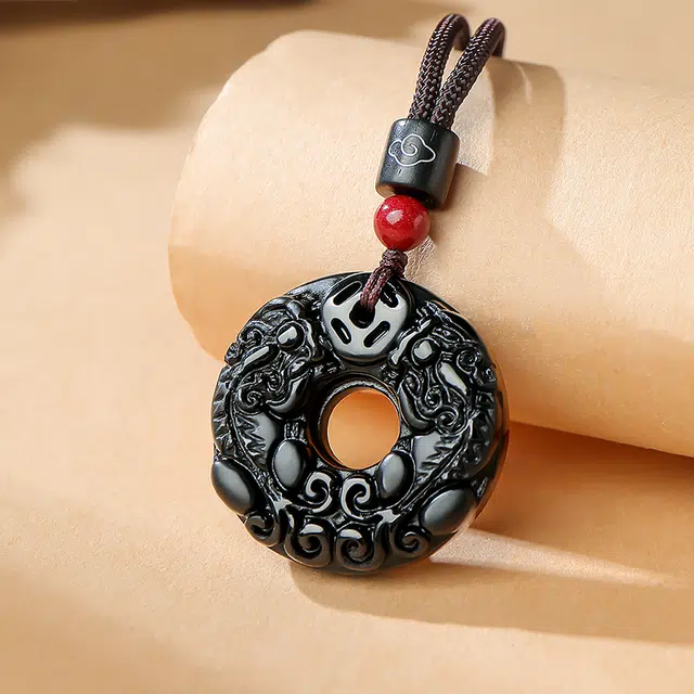 印象眸 平安扣 新中式八方来财锁骨链简约轻奢多财多福瑞兽貔貅玉石吊坠 礼盒包装#好运 黑曜石 项链 男女同款情侣款