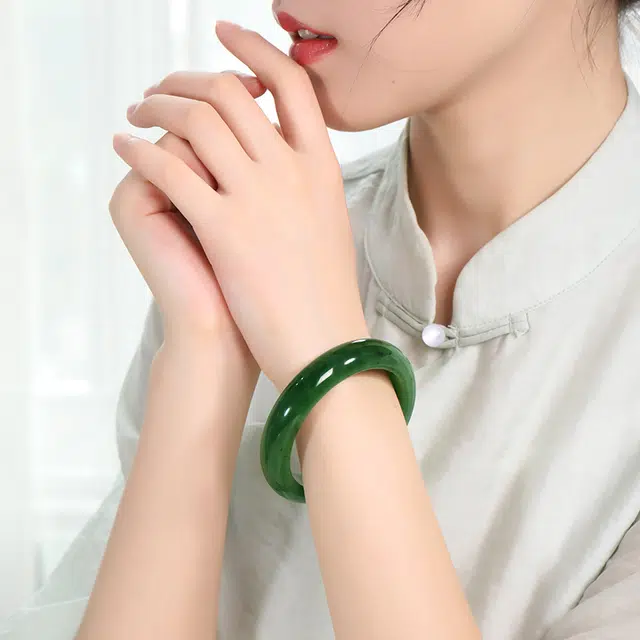 印象眸 富贵平安镯 和田玉 手镯 女款 碧玉 新中式古风经典简约玉镯 礼物