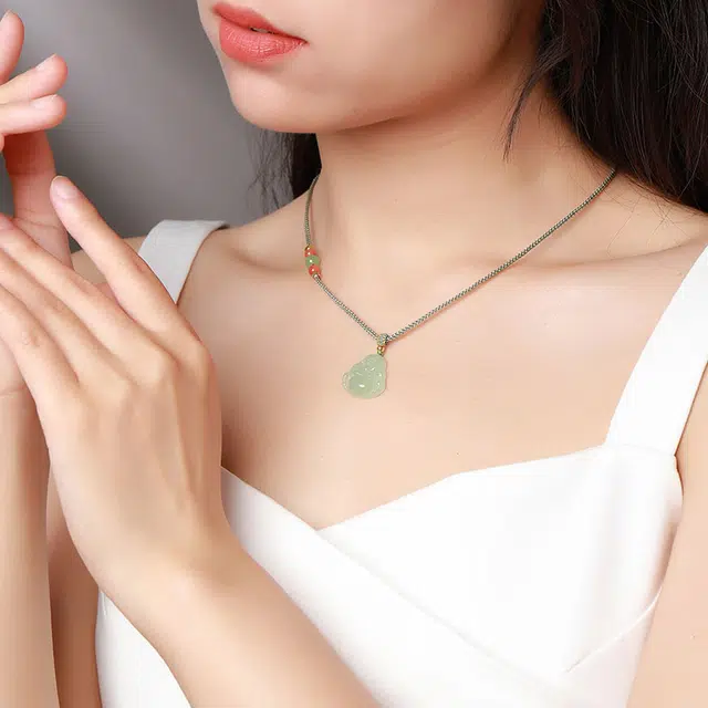 印象眸 弥勒笑佛公 和田玉 项链 女款 青白玉 新中式古风国潮经典简约玉吊坠 礼物