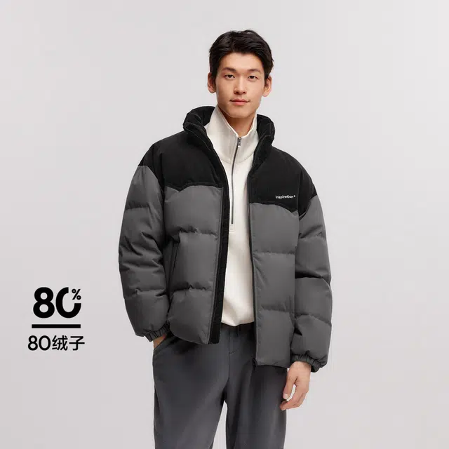 森马 拼接灯芯绒肌理外套厚款宽松上衣绣花立领羽绒服 男