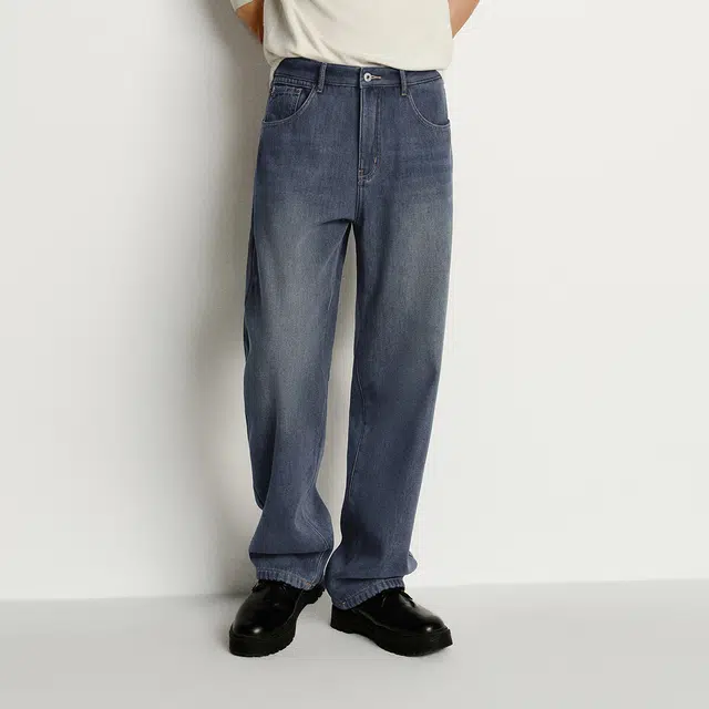 森马 加绒加厚保暖宽松直筒裤子做旧复古经典百搭简约休闲日常通勤柔软舒适牛仔裤 男款