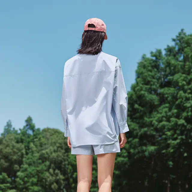 森马 纯色翻领落肩长袖衬衫宽松短裤休闲套装 女款 蓝色调