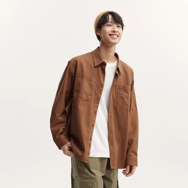 森马 简约纯色宽松工装百长袖衬衫 男款