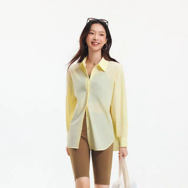 森马 中长款宽松开叉肌理通勤长袖衬衫 女款