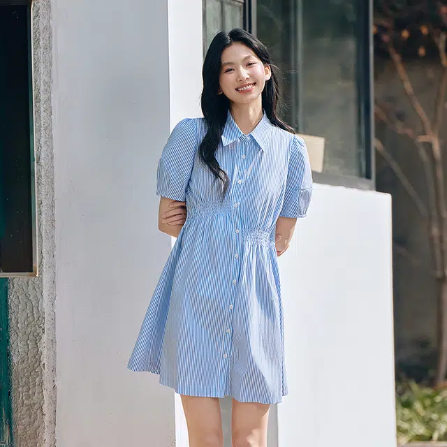 森马 灯笼袖纯棉衬衫式短袖连衣裙 女款