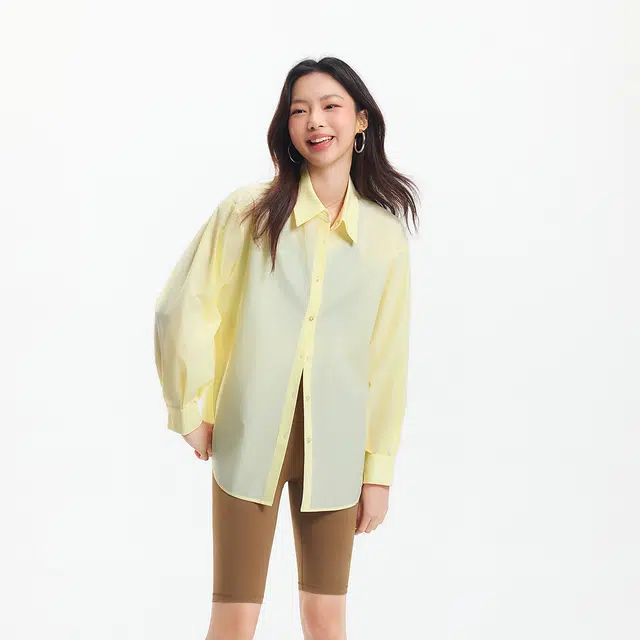 森马 中长款宽松开叉肌理通勤长袖衬衫 女款