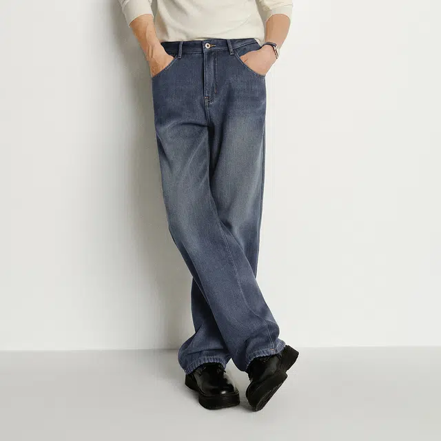 森马 加绒加厚保暖宽松直筒裤子做旧复古经典百搭简约休闲日常通勤柔软舒适牛仔裤 男款