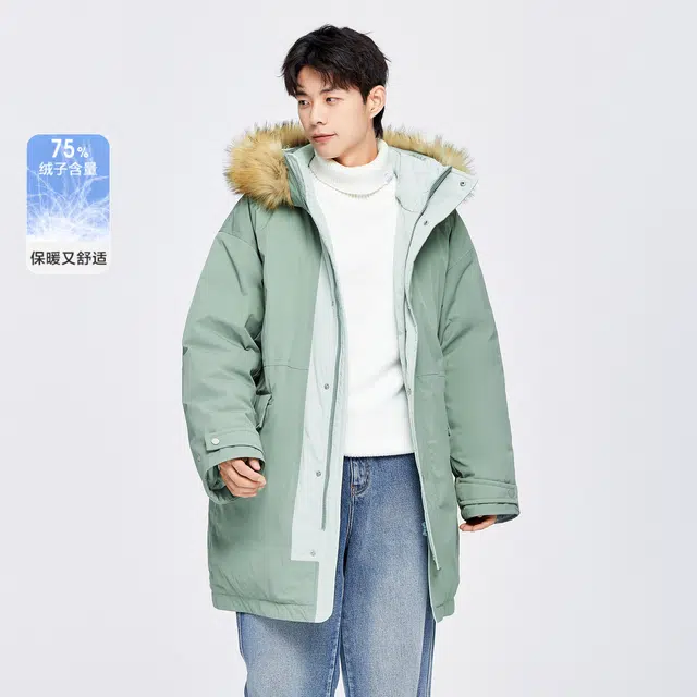 森马 宽松大毛领舒适连帽温暖长款羽绒服 男款