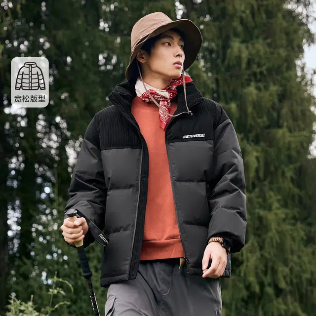 森马 拼接灯芯绒面包羽绒服 男款