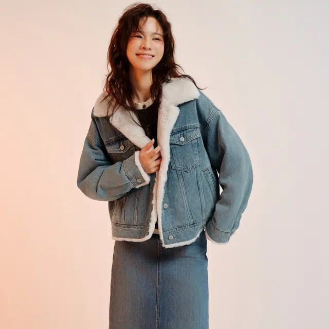 森马 翻领宽松单排扣落肩长袖牛仔外套 女款