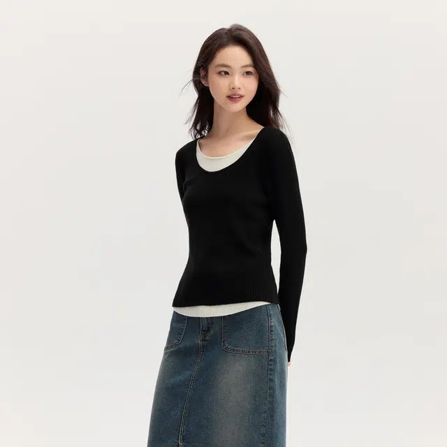 森马 圆领拼色套头长袖针织衫 女款