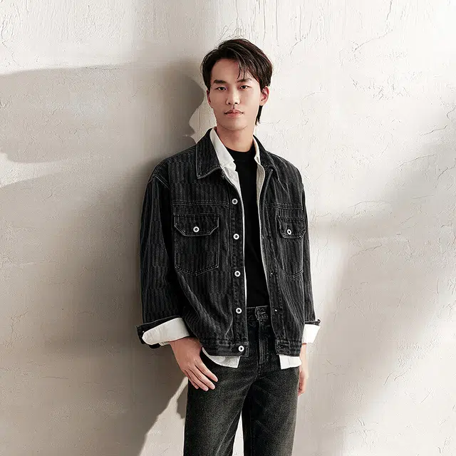 森马 复古森柔牛仔肌理感宽松上衣时尚潮流翻领夹克外套 男款