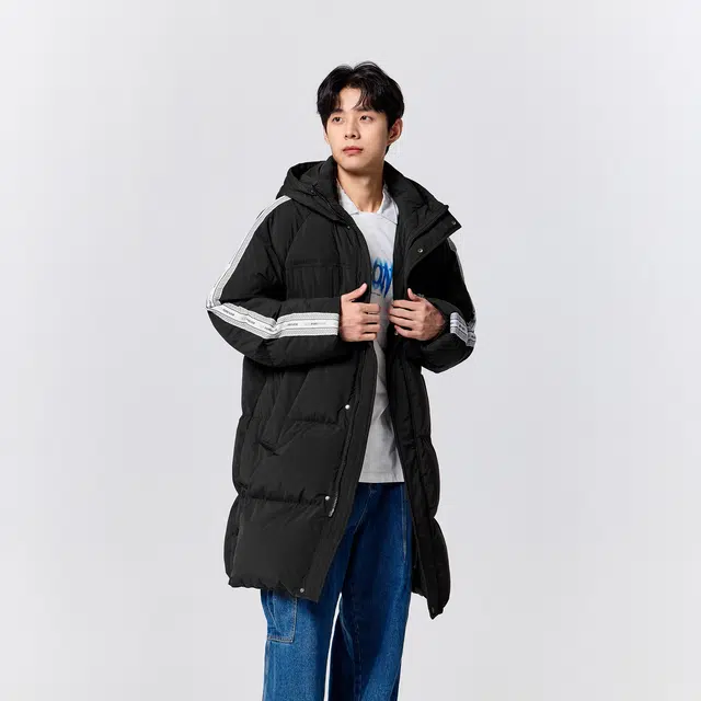 森马 字母图案连帽宽松长款羽绒服 男款 黑色