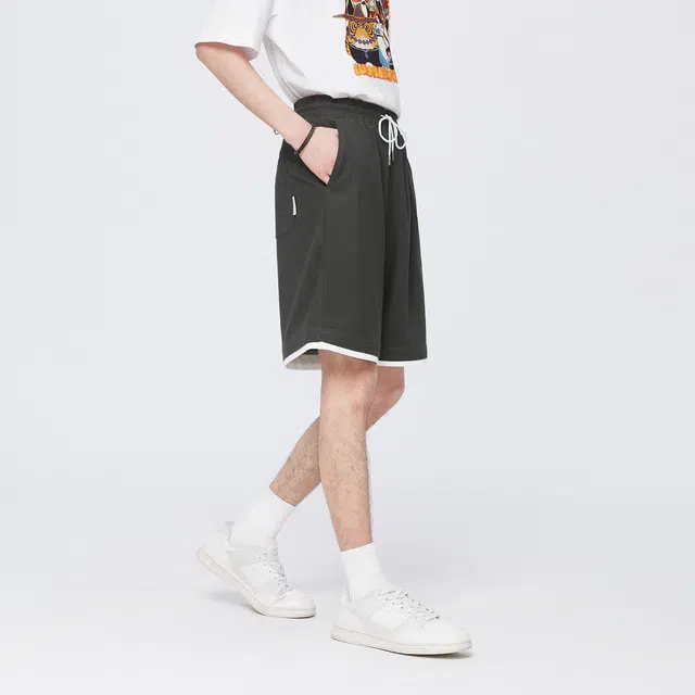 森马 字母刺绣拼接假两件设计抽绳直筒休闲短裤 男款