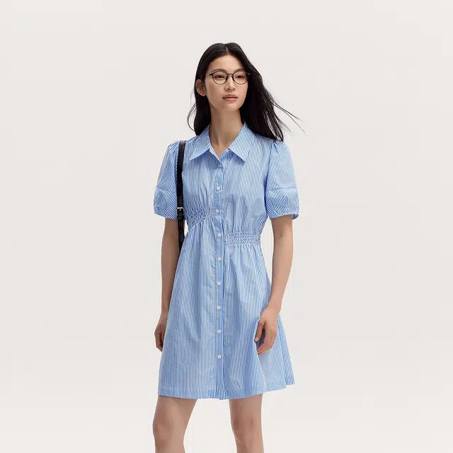 森马 灯笼袖纯棉衬衫式短袖连衣裙 女款