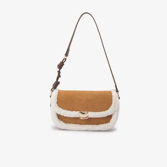 森马 复古拼接时尚流行 织物拼合成革 单肩包 女款 焦糖棕