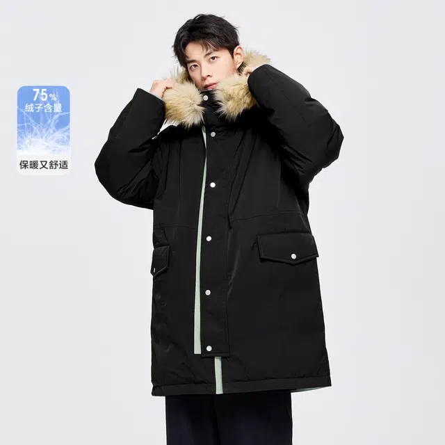 森马 宽松大毛领舒适连帽温暖长款羽绒服 男款